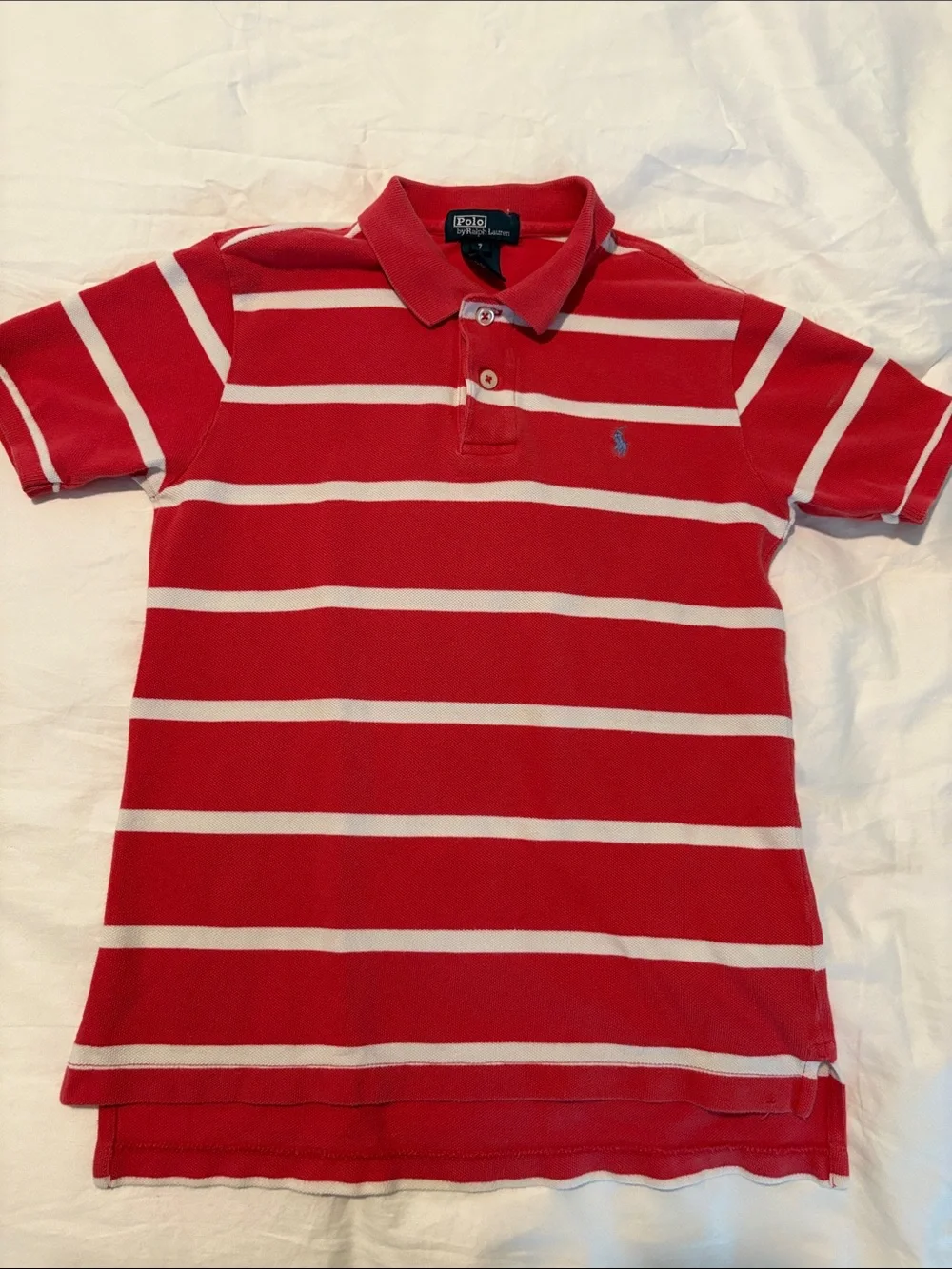 Ralph Lauren Boys’ Coral Red and White Striped Polo Shirt w Blue Horse Size 7